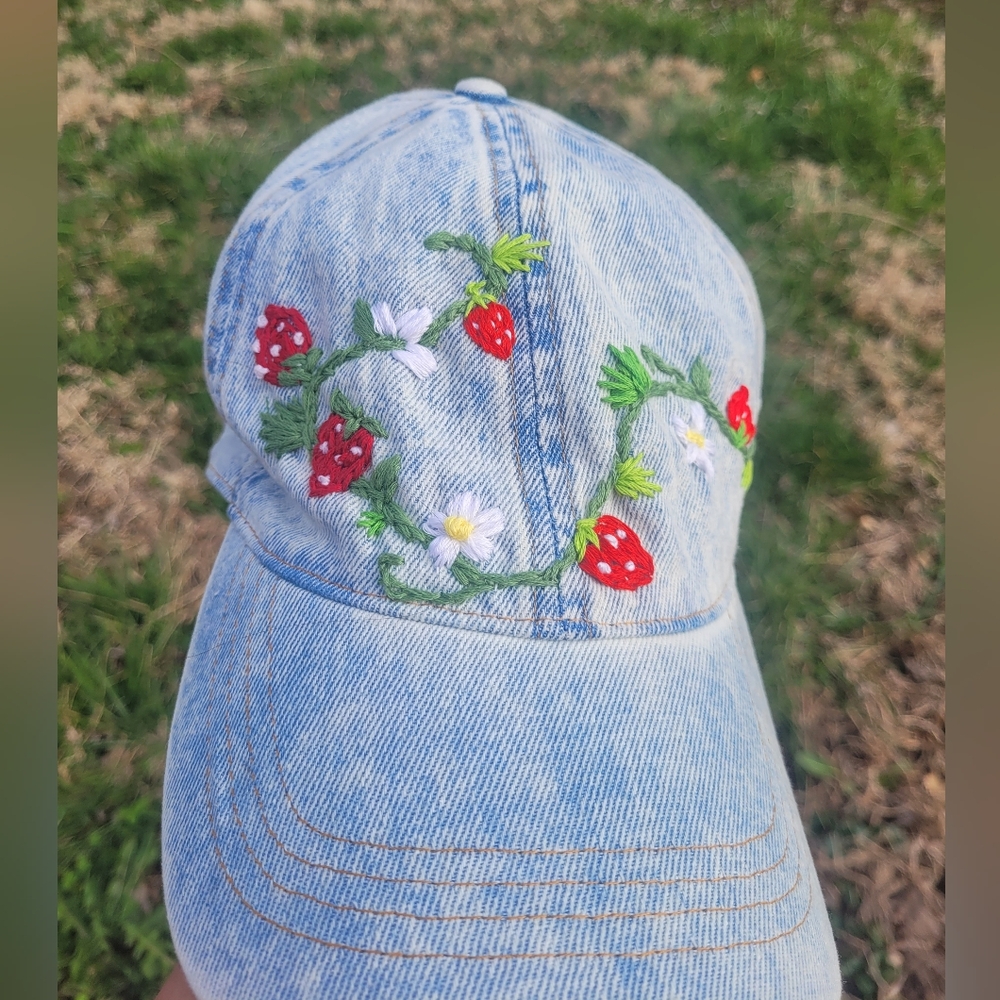 Embroidered Denim Cap with Strawberries and Flowers